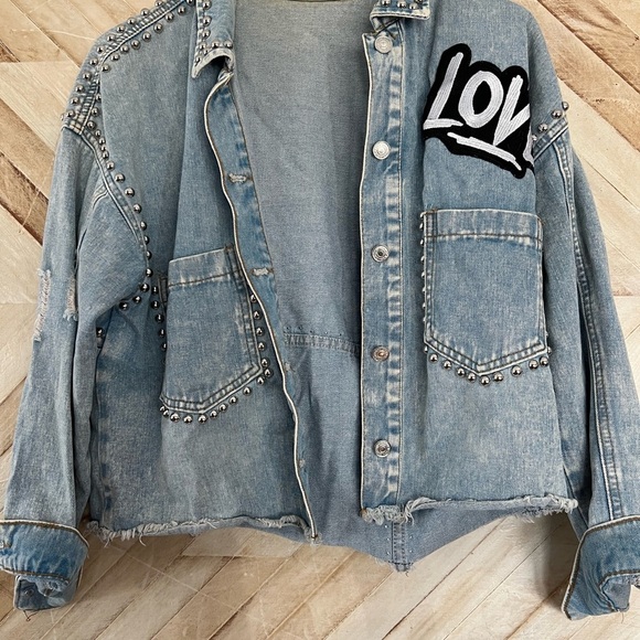 Studded Denim Jacket with 'LOVE' Patch - Picture 1 of 4